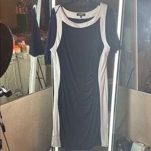 Glamour Blue and White Sheath Dress Sleeveless Crew Neck